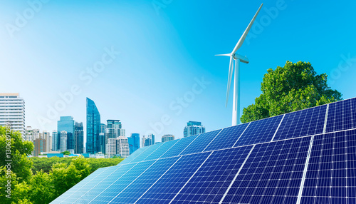 Solar panel and wind turbine farm, smart city in the background. renewable energy. sustainable and environmentally friendly.