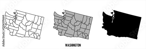 Washington - set of black, solid black, grey outline border map of country area. Simple flat vector illustration.