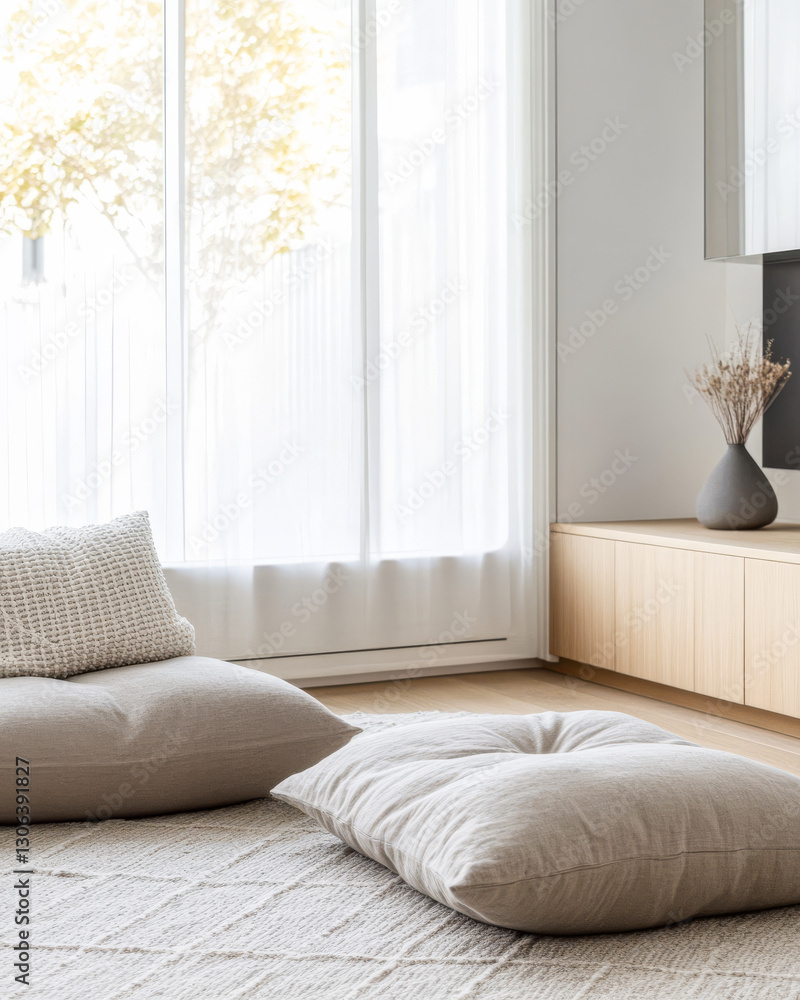 Fototapeta premium Cozy living room with soft cushions and natural light streaming through large windows