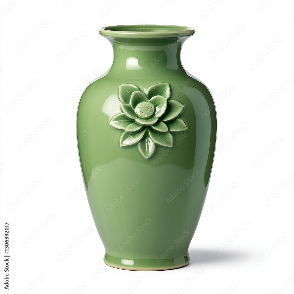 A glossy green vase with a decorative lotus flower design, perfect for showcasing flowers or as a decorative piece in any space. A glossy green vase with a decorative lotus flower design, perfect for showcasing flowers or as a decorative piece in any space.