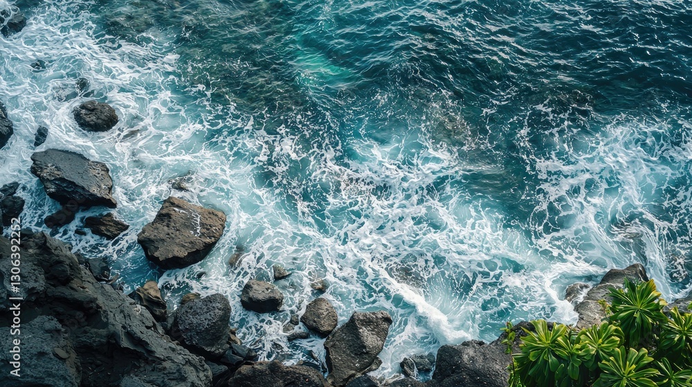 Fototapeta premium Powerful ocean waves crashing against jagged rocks.