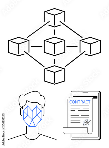 Blockchain nodes interconnected, facial recognition geometric overlay on face, and signed digital contract. Ideal for blockchain, cybersecurity, facial ID, digital identity, smart contracts