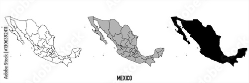Mexico- set of black, solid black, grey outline border map of country area. Simple flat vector illustration.