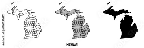 Michigan - set of black, solid black, grey outline border map of country area. Simple flat vector illustration.