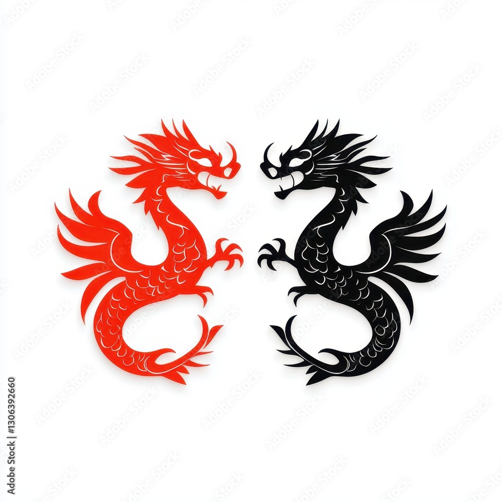 Two stylized dragons, one red and one black, face each other in a vibrant design, representing contrasting elements in art and culture. Two stylized dragons, one red and one black, face each other in a vibrant design, representing contrasting elements in art and culture.