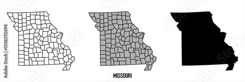 Missouri - set of black, solid black, grey outline border map of country area. Simple flat vector illustration.
