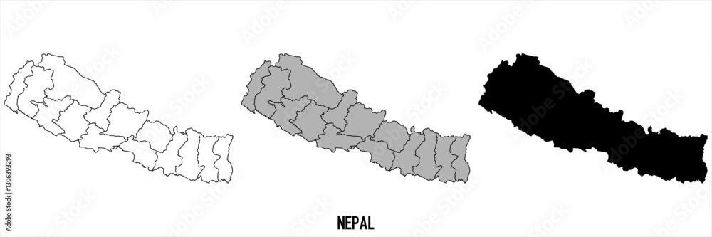 Nepal - set of black, solid black, grey outline border map of country area. Simple flat vector illustration. Nepal - set of black, solid black, grey outline border map of country area. Simple flat vector illustration.