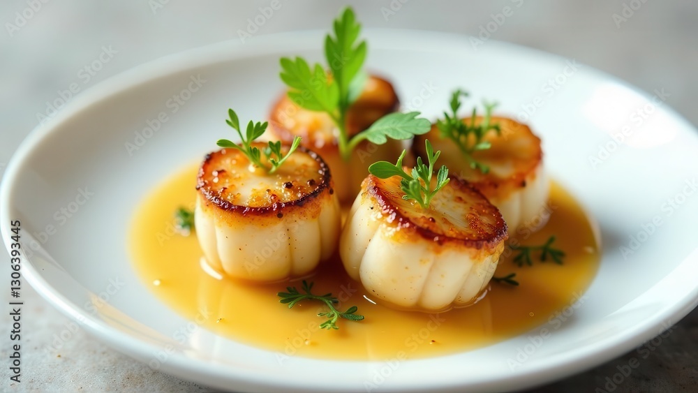 Gourmet Pan-Seared Scallops with a Rich, Buttery Sauce, Garnished with Fresh Herbs on a White Plate Gourmet Pan-Seared Scallops with a Rich, Buttery Sauce, Garnished with Fresh Herbs on a White Plate