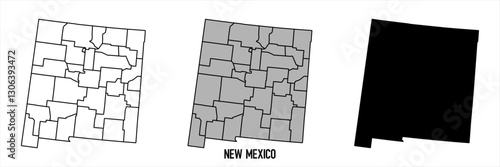 New Mexico - set of black, solid black, grey outline border map of country area. Simple flat vector illustration.