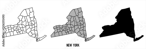 New York - set of black, solid black, grey outline border map of country area. Simple flat vector illustration.