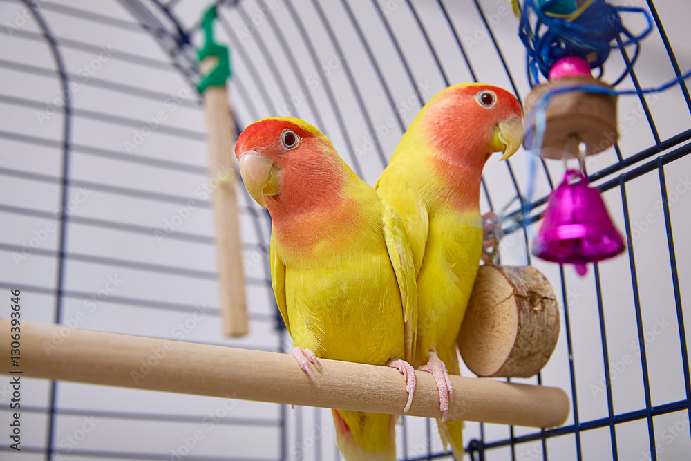 Obraz premium A pair of Agapornis roseicollis, also known as the yellow lovebird, lutino lovebird and pink-faced lovebird in a cage.
