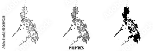 Philippines - set of black, solid black, grey outline border map of country area. Simple flat vector illustration.