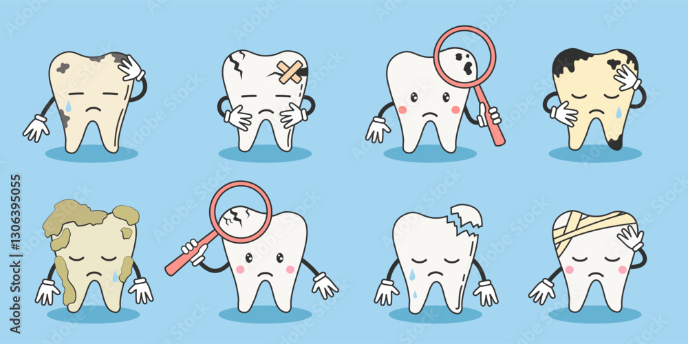 Set of bad and sad cartoon teeth characters. Dental care and treatment child concept illustrations. Cavity, caries, plaque tees problems. Dental clinic mascot. Flat vector illustration Set of bad and sad cartoon teeth characters. Dental care and treatment child concept illustrations. Cavity, caries, plaque tees problems. Dental clinic mascot. Flat vector illustration