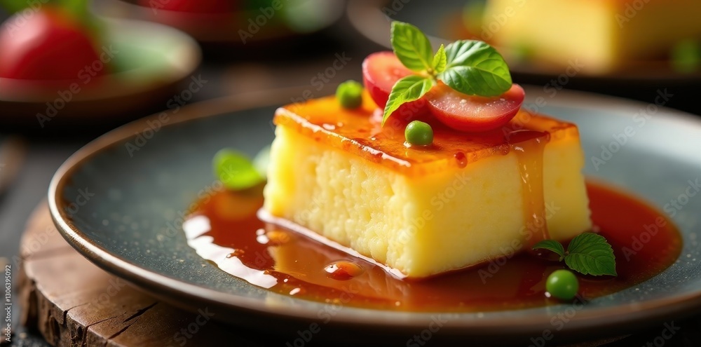 Close-up of turnip pudding slice, rich sauce, colorful garnishes , chinese, dinner, cuisine Close-up of turnip pudding slice, rich sauce, colorful garnishes , chinese, dinner, cuisine