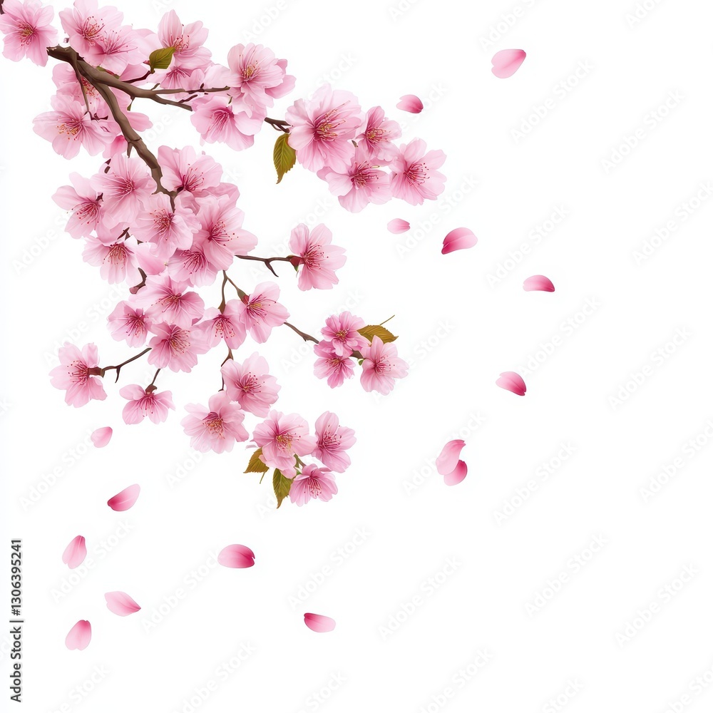 A delicate branch of pink cherry blossoms with falling petals against a white background, symbolizing beauty and transience. A delicate branch of pink cherry blossoms with falling petals against a white background, symbolizing beauty and transience.
