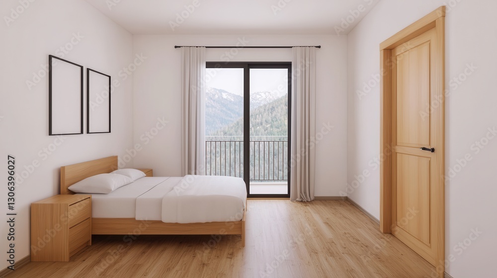Fototapeta premium Modern minimal bedroom with large window and mountain view