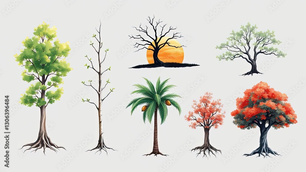 Fototapeta premium Diverse Tree Collection Spring Summer Autumn Winter Palm
