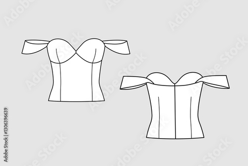 Female crop corselet vector template isolated on a transparent background. Front and back view. Outline fashion technical sketch of clothes model.	