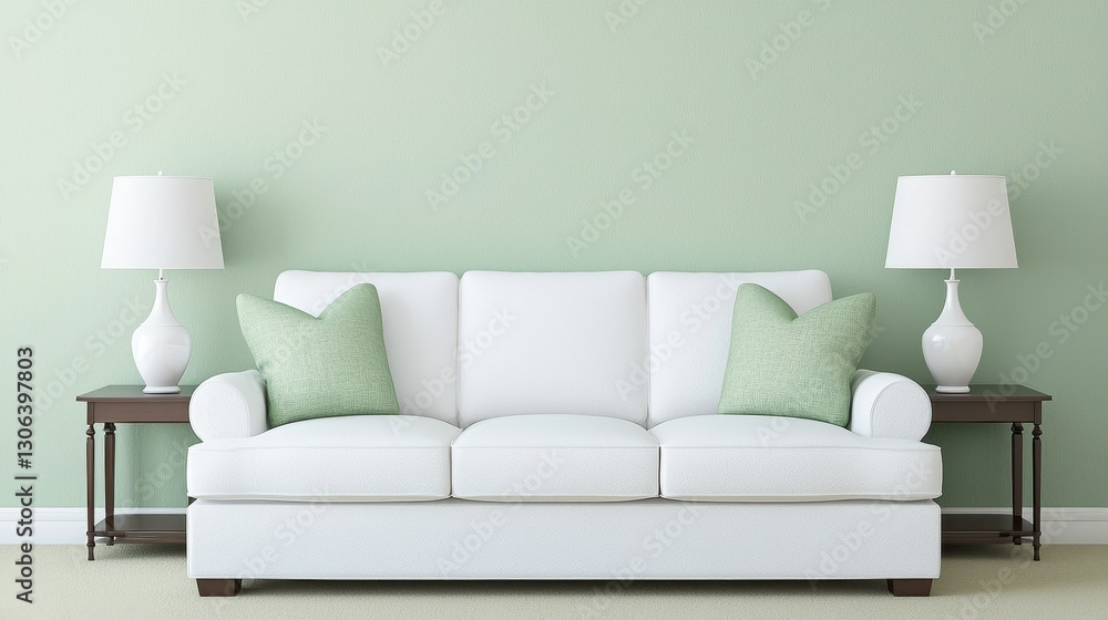 Modern white sofa with green pillows in light green room decor Modern white sofa with green pillows in light green room decor