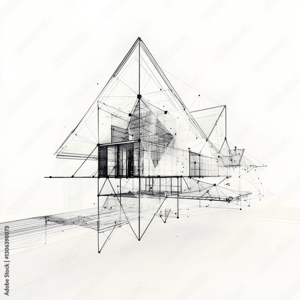 Fototapeta premium Architectural Blueprint: A Minimalist Rendering of a Modern Building Design in Black and White
