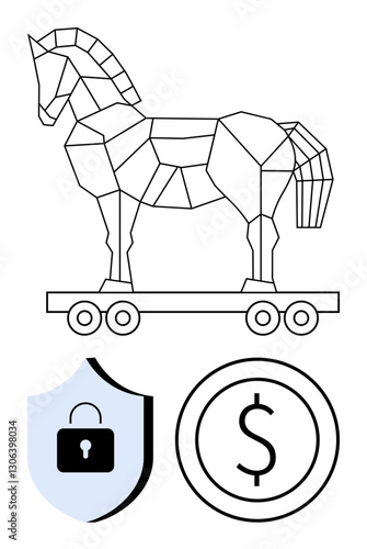 Geometric Trojan horse on wheels symbolizes hidden threats. Lock and dollar icons represent data security and financial risks. Ideal for cybersecurity, hacking, data breach, online safety, fraud