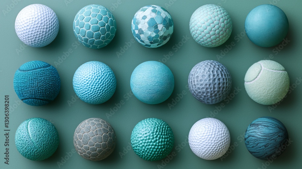 A collection of textured balls in various shades of teal arranged on a green background A collection of textured balls in various shades of teal arranged on a green background