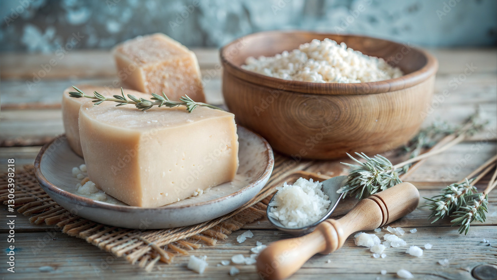 Cheese blocks with salt on a plate and wooden bowl on a rustic table Cheese blocks with salt on a plate and wooden bowl on a rustic table