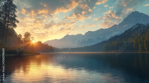 Wallpaper Mural "Serene Mountainous Lake at Sunset – Tranquil Landscape with Snow-Capped Peaks and Reflective Water" Torontodigital.ca