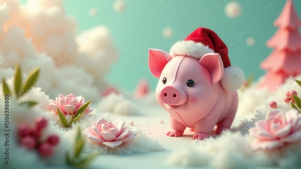 A Festive Pink Piglet in a Winter Wonderland, Surrounded by Delicate Flowers and Soft Snowdrifts, Wearing a Santa Hat A Festive Pink Piglet in a Winter Wonderland, Surrounded by Delicate Flowers and Soft Snowdrifts, Wearing a Santa Hat