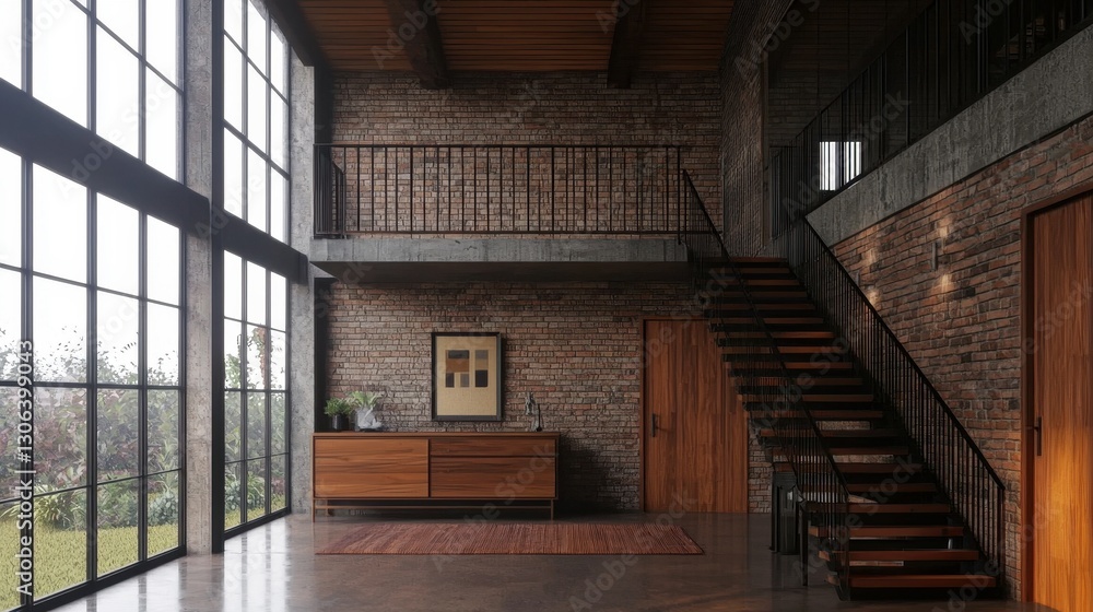 Obraz premium Modern Industrial Interior Design with Natural Light and Brick Walls