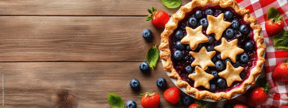 Homemade blueberry and strawberry pie on rustic wooden table for July 4 celebration Generative AI Homemade blueberry and strawberry pie on rustic wooden table for July 4 celebration Generative AI