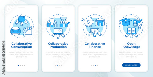 Types of collaborative economy blue onboarding mobile app screen. Walkthrough 4 steps editable graphic instructions with linear concepts. UI, UX, GUI template. Montserrat SemiBold, Regular fonts used