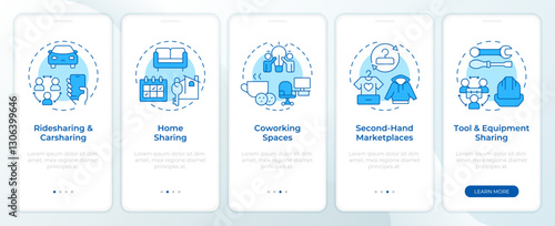 Sharing economy models blue onboarding mobile app screen. Walkthrough 5 steps editable graphic instructions with linear concepts. UI, UX, GUI template. Montserrat SemiBold, Regular fonts used