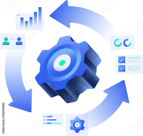 Business Process Automation, Management technology-driven strategy illustration with Gears and Technology Elements clipart illustration