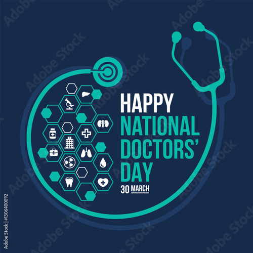 National doctor's day - Text and hexagon icon about doctor in stethoscope roll around on dark blue background vector design