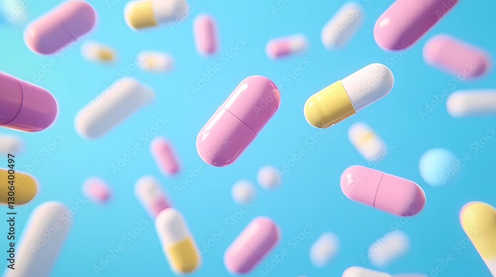 Floating Pills in Various Shapes on Blue Background Floating Pills in Various Shapes on Blue Background