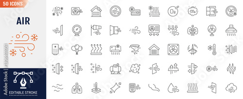 Air line icon set. Editable stroke. Containing as ventilation, air conditioner, fan, wind, blow, oxygen, breathe, CO2, pollution, and more. Vector illustration