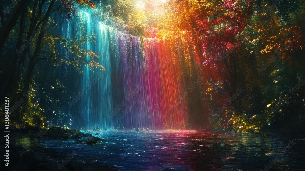 Fototapeta premium Enchanting rainbow waterfall in lush forest with vibrant colors and pristine beauty