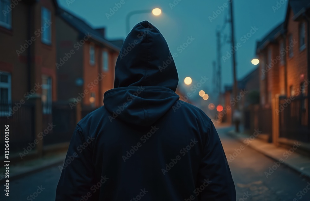 Rear view of hooded person walking street at night. Mysterious guy in hoodie walking dark city street. Street lights illuminate hooded figure. Suspicious male hides face in shadows. Concept of Rear view of hooded person walking street at night. Mysterious guy in hoodie walking dark city street. Street lights illuminate hooded figure. Suspicious male hides face in shadows. Concept of