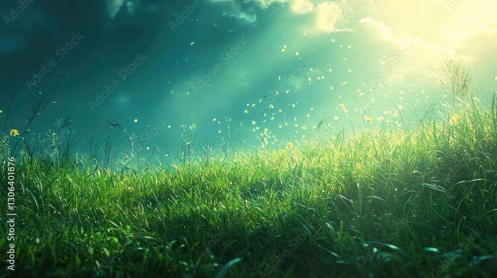 Obraz premium Whimsical Gravity' around a around a beautiful serene yet forgotten place, surreal, a grass field lonely, a style where gravity's laws are whimsically 