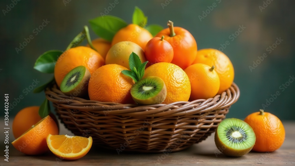 A vibrant collection of citrus fruits and kiwifruits arranged in a rustic woven basket, complemented by fresh green leaves, showcasing a delightful array of colors and textures on a wooden surface. A vibrant collection of citrus fruits and kiwifruits arranged in a rustic woven basket, complemented by fresh green leaves, showcasing a delightful array of colors and textures on a wooden surface.