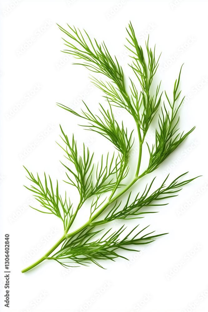 Fototapeta premium A striking sprig of whole fennel frond with crisp, vibrant green leaves rests against a pristine white background, inviting culinary creativity and fresh flavor exploration