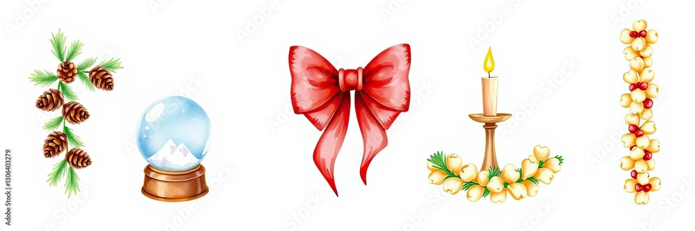 Naklejka premium Festive Winter Holiday Still Life Snow Globe Bow Candle Pine Cones