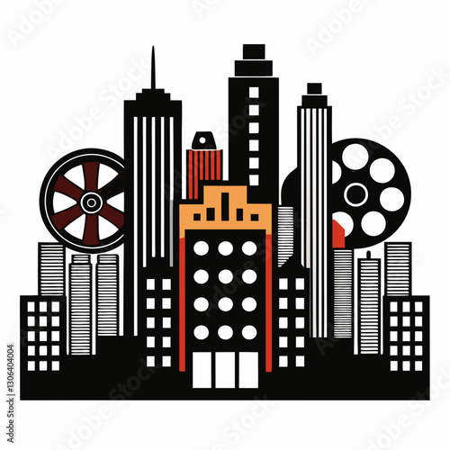 city skyline made from film reels 