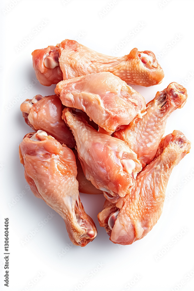 A high-resolution display shows a fresh collection of raw chicken wings against a pristine white background, ideal for inspiring delicious meal creations and grilling ideas A high-resolution display shows a fresh collection of raw chicken wings against a pristine white background, ideal for inspiring delicious meal creations and grilling ideas
