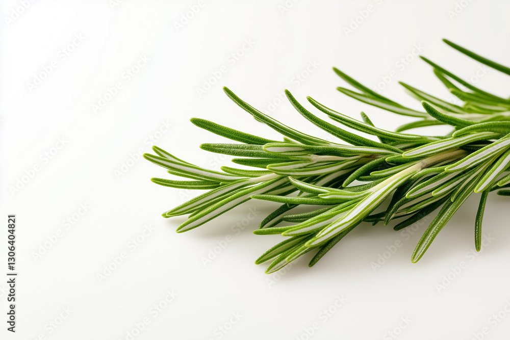 Fototapeta premium A whole sprig of rosemary rests elegantly on a pristine white background, illuminated by soft studio lighting. The green leaves glisten, revealing their detail and freshness