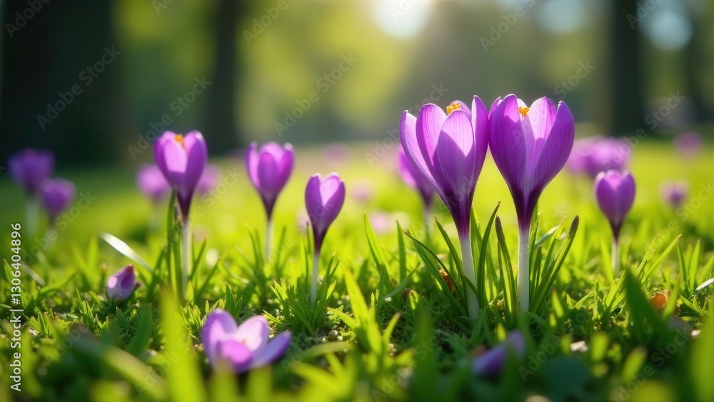 Vibrant purple crocuses bask in the warm sunlight of a spring meadow, their delicate petals unfurling amidst a sea of fresh green grass. Vibrant purple crocuses bask in the warm sunlight of a spring meadow, their delicate petals unfurling amidst a sea of fresh green grass.