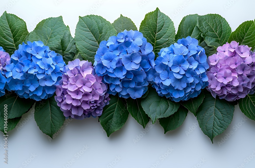 Obraz premium Vibrant Hydrangea Blooms with Green Leaves in Natural Arrangement