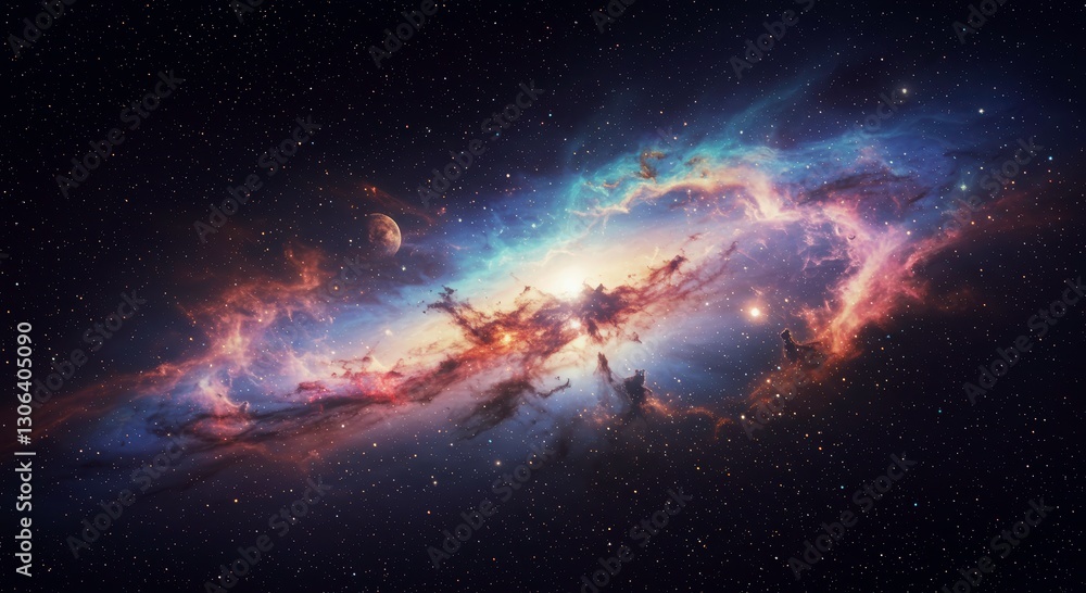 Fototapeta premium Nebula's Cosmic Dance: A breathtaking depiction of a vibrant nebula, swirling with colors and mystery, invites viewers to contemplate the vastness of the universe.