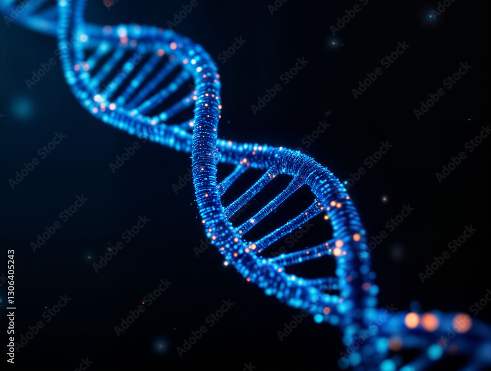 DNA strand made of glowing data, symbolizing biotechnology and genetic engineering. DNA strand made of glowing data, symbolizing biotechnology and genetic engineering.